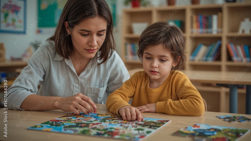 Fototapeta premium Two children are working together on a jigsaw puzzle.