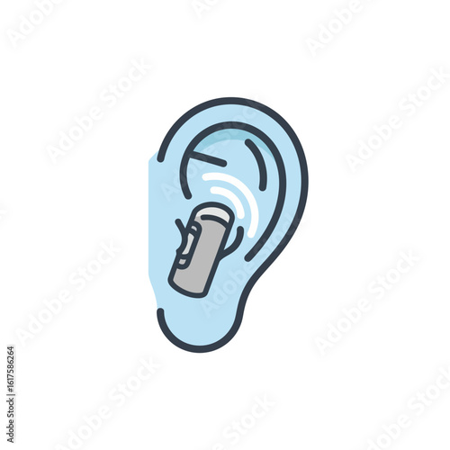 Illustration of a hearing aid fitting inside a human ear, showing sound waves.