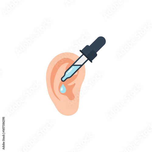 Illustration depicts an ear receiving ear drops from a dropper, medical treatment.