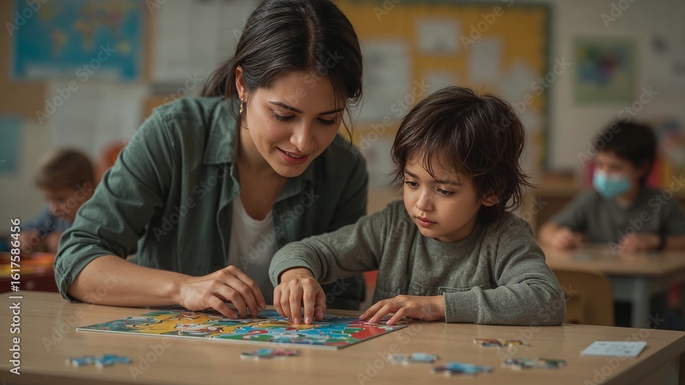 Fototapeta premium A woman and a child working together on a jigsaw puzzle.