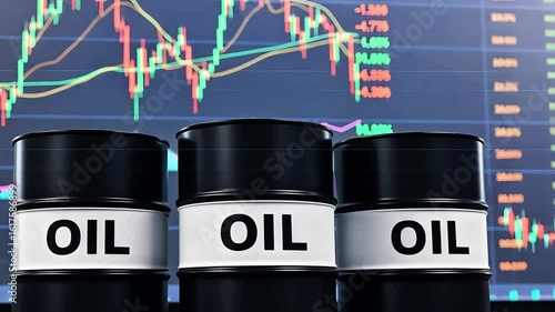 Three oil barrels prominently displayed in front of a fluctuating stock market graph, illustrating market trends