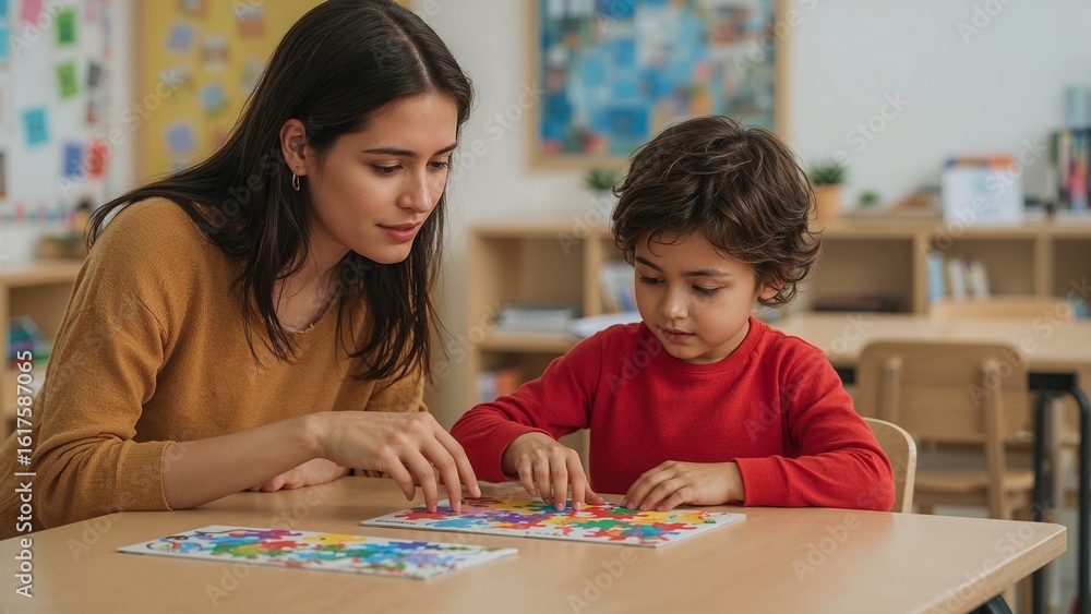 Fototapeta premium Teacher and child working on colorful puzzle pieces at a table.