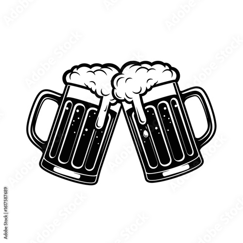 Vector art of two beer mugs toasting with splashing foam isolated on white background