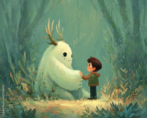 A little boy standing in the woods with a big white animal