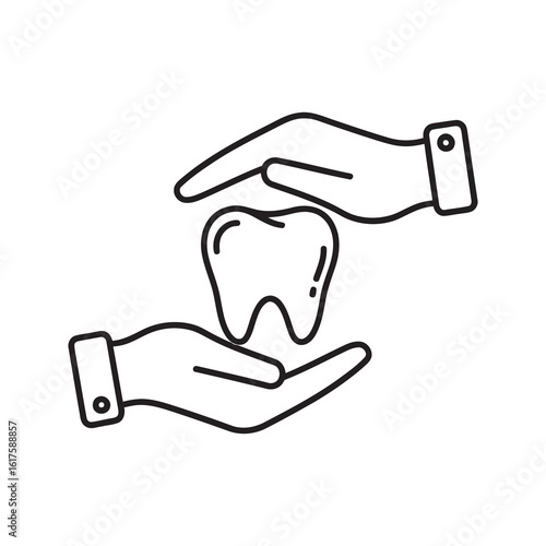 Dental care icon with hands protecting a tooth symbolizing dentistry service oral health and professional tooth protection line vector stroke