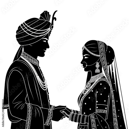 Vector art of silhouette of an indian bride and groom holding hands