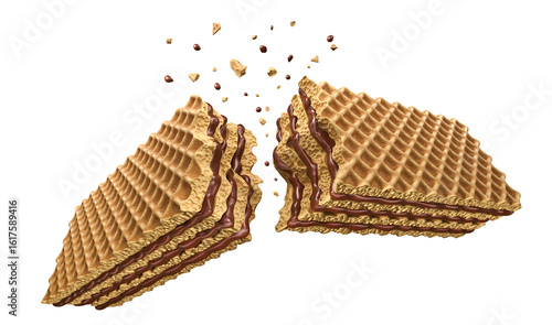 Crispy Wafer broken with splashing chocolate 3D realistic food illustration