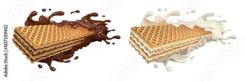 Crispy Wafer with splashing chocolate or milk 3D render food illustration