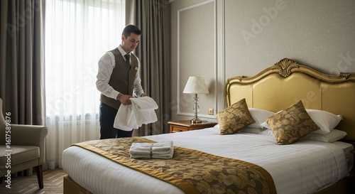 Hotel room service man folding white linen