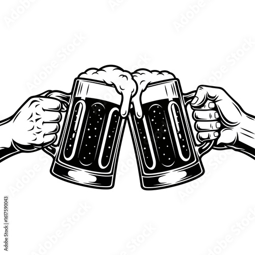 Vector art of two hands toasting with beer mugs isolated on white background