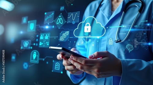 Doctor using smartphone with glowing digital healthcare icons and cloud security