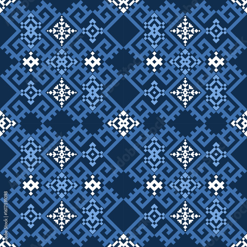 Blue Hues Pixel Ethnic Pattern. Seamless digital geometric embroidery in shades of blue and white. Ideal for traditional textiles, apparel & folk decor.