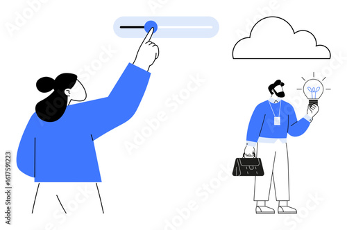 Woman adjusting interface toggle, man with business bag holding lightbulb, connecting to cloud. Ideal for teamwork, brainstorming, innovation, technology, cloud computing, business creativity