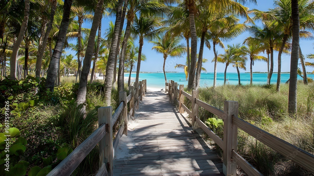Obraz premium Wooden walkway leading to a beautiful turquoise beach.