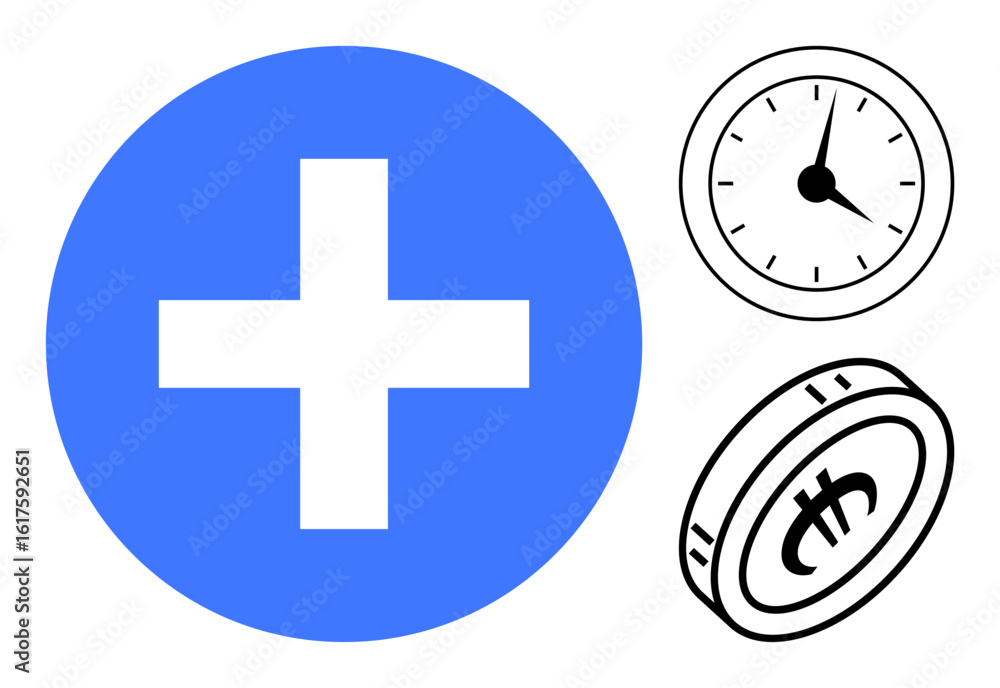 Fototapeta premium Blue cross in a circle, black clock, and coin symbolizing health, time management, and economic value. Ideal for medical care, savings, time, healthcare access economy decision-making simple flat