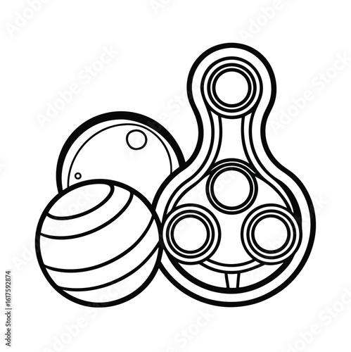 Stress ball and fidget box black outline vector illustration
