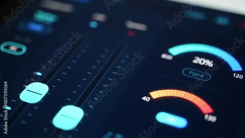 Close-up of a digital audio mixer interface.  A dark interface with bright, glowing turquoise and light blue 