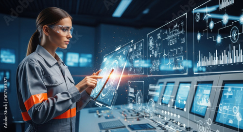Female engineer operating futuristic digital control panel in high tech industrial control room, surrounded by holographic interface, advanced technology, innovation, and focus