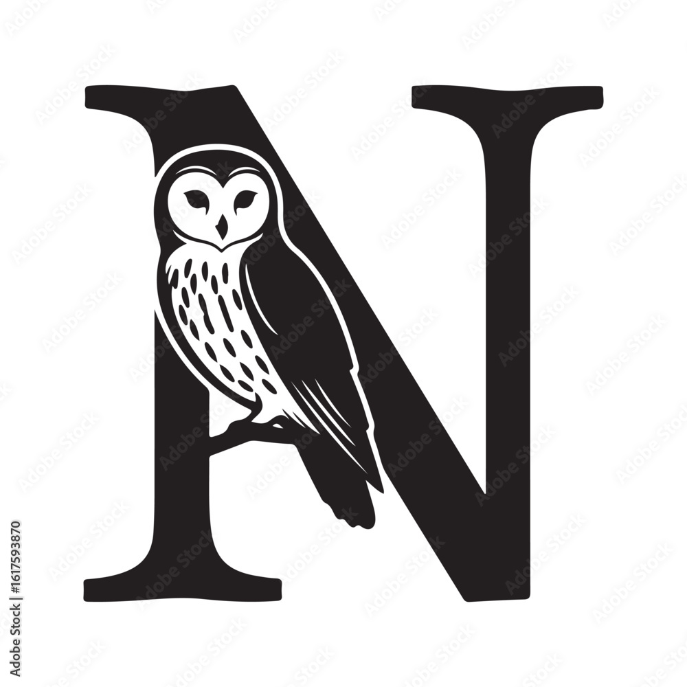 Naklejka premium Elegant Silhouette Design of the Letter N with an Owl Perched on a Branch Creative Alphabet Illustration