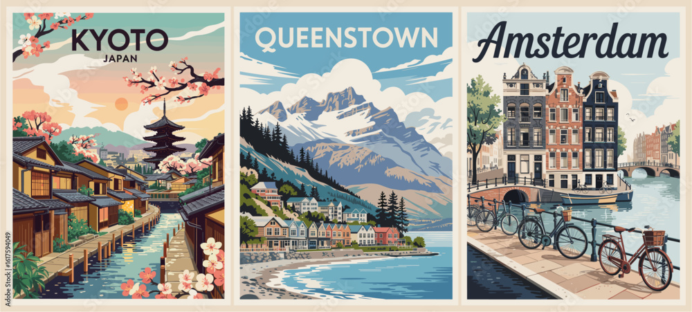 Fototapeta premium Set of retro travel posters featuring Queenstown, Kyoto, and Amsterdam. Bold mid-century design, scenic landscapes, and iconic architecture in vintage color palette.