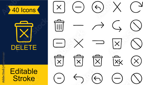Vector Set of Delete Icons | Trash Bin, Cross Mark, Erase Symbol, Remove Button, File Deletion, Cancel Action, Discard Symbol |, Flat and Outline Style for Web, App, and UI Design

