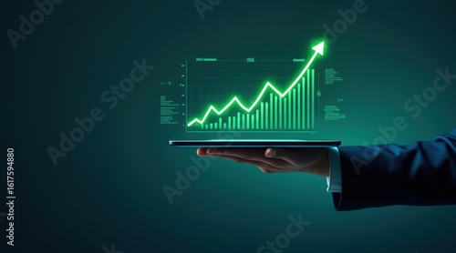 Hand holding tablet displaying a glowing green financial growth chart with upward trend