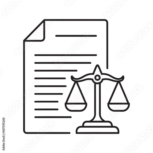 Legal document icon with justice scale for law regulation and policy agreement representing corporate compliance and fair contract terms design line vector stroke