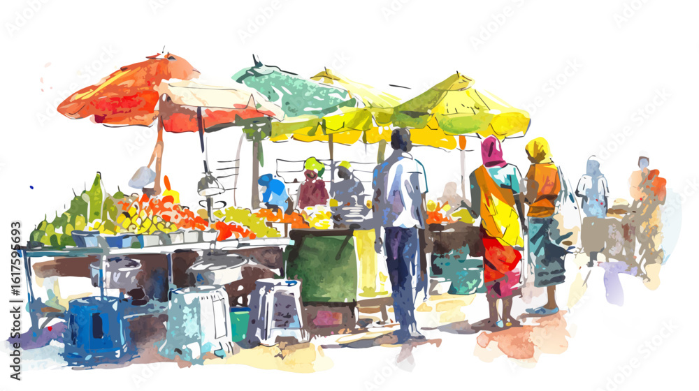 Fototapeta premium street vendors with colorful food stalls, crayon sketch of a local market scene, people buying snacks, white background 