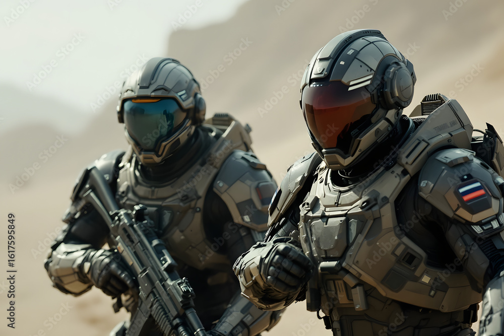 Fototapeta premium Futuristic Soldiers Protecting the Frontier Ready for Battle Mission