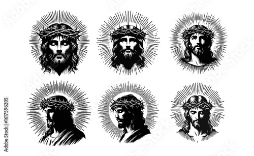 Set black and white illustrations of Jesus Christ's face, each with a crown of thorns and a radiant halo.