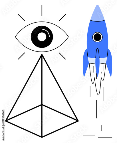 Eye atop a geometric pyramid alongside a blue rocket launching. Ideal for innovation, foresight, exploration, goal-setting, strategy, technology, visionary thinking. Clean minimal flat metaphor