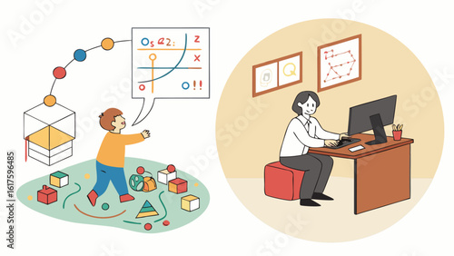 Business people climbing stairs in office concept illustration