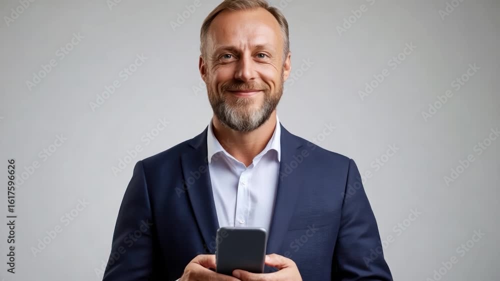 Smiling man in a suit holding a phone Smiling man in a suit holding a phone