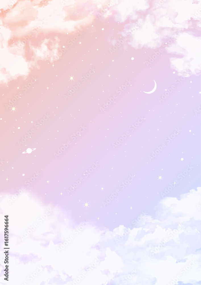 雲が美しい夕焼け空にうかぶ月と土星の背景ベクターイラスト A4サイズ縦 雲が美しい夕焼け空にうかぶ月と土星の背景ベクターイラスト A4サイズ縦