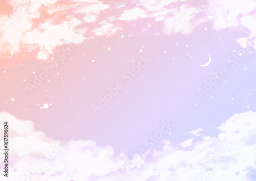 雲が美しい夕焼け空にうかぶ月と土星の背景ベクターイラスト  A4サイズ横