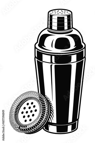 Black and White Cocktail Shaker and Strainer Illustration