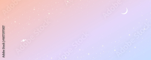 ピンクと紫のグラデーションの星空にうかぶ月と土星の背景ベクターイラスト　横長バナー、ヘッダーデザイン
