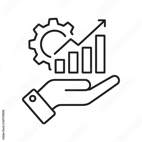 Business growth management icon with hand holding chart and gear for productivity increase and financial performance representing development line vector stroke