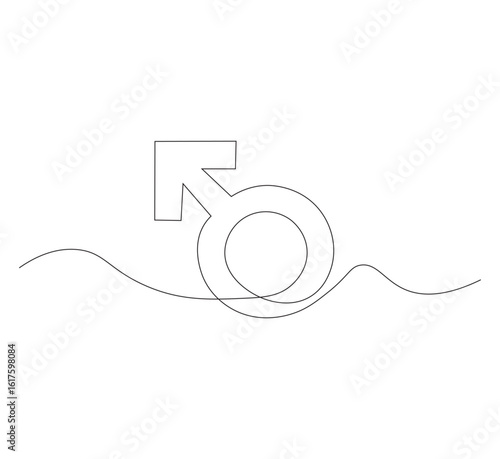 Vector continuous line drawing of male gender icon. One line male gender icon vector background. Male gender. white background