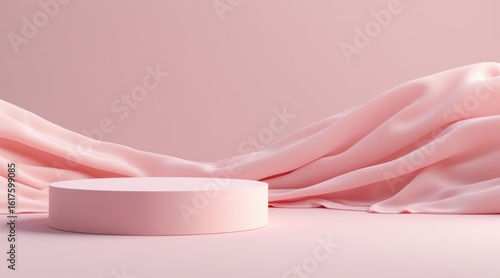 Minimalist pink podium with flowing fabric background for product display