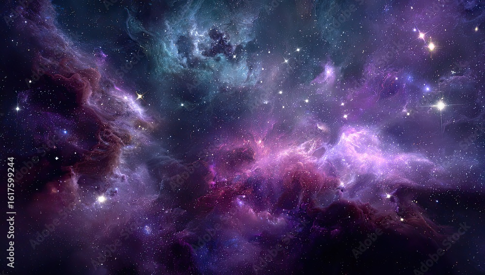 Fototapeta premium Cosmic Nebula Stellar Cloudscape, Galactic Formation, Deep Space, Purple Hues, Background Image