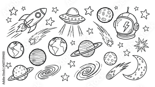 Hand-Drawn Space Vector Set Cosmic exploration illustrations featuring planets, stars, rockets, UFOs, and astronaut helmets for universal designs.