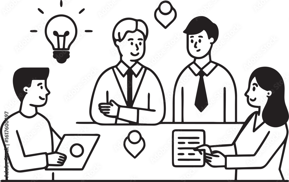 Four people in a meeting with a lightbulb and location pins business meeting teamwork Four people in a meeting with a lightbulb and location pins business meeting teamwork