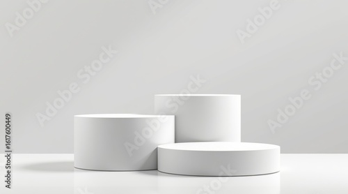 Minimalist white podiums on a clean white background for product display