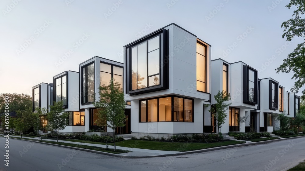 Fototapeta premium pristine white cubic townhouses with matte black window frames, sleek smoky glass panels, horizontal metal banding details, clean geometric facades, minimalist street presence, architectural