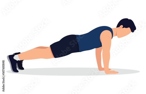 Men doing Push Up exercise, Men workout fitness, aerobic and exercises. Push-ups. Workout for arms and pectoral muscles. Fitness for weight loss. Vector Illustration.