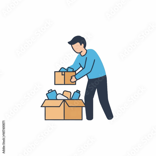 Man packing a cardboard box with various items for donation, charity, or moving. Concept of volunteering and community support.
