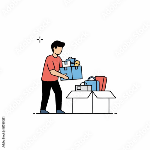Vector illustration of a character packing personal belongings into a cardboard box. Concept of moving, relocation, and organizing.