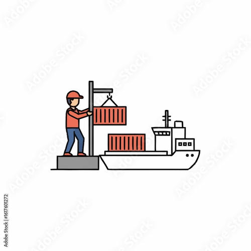 Logistics and freight concept with a dockworker loading a shipping container onto a cargo ship using a crane at the port.