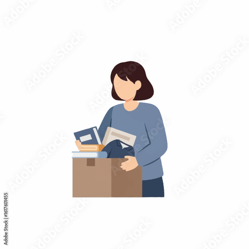Faceless female character holding a box of personal effects, symbolizing a career change, job loss, or relocation